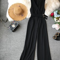 Urparcel Dress pant Spring Ladies Sleeveless Solid Jumpsuits V-neck High Waist Sashes Women Casual Wide Leg Rompers